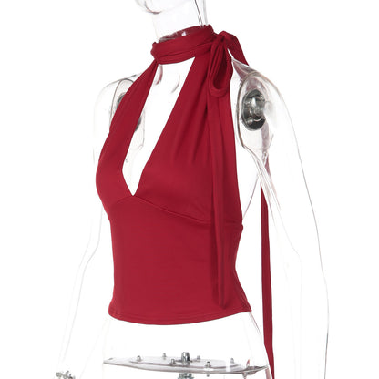 Halter self tie v neck backless solid top  | Festival Outfits Women
