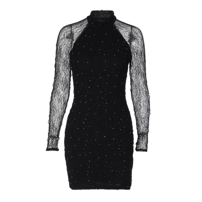 Long sleeve crewneck lace beaded mini dress  | Festival Outfits Women