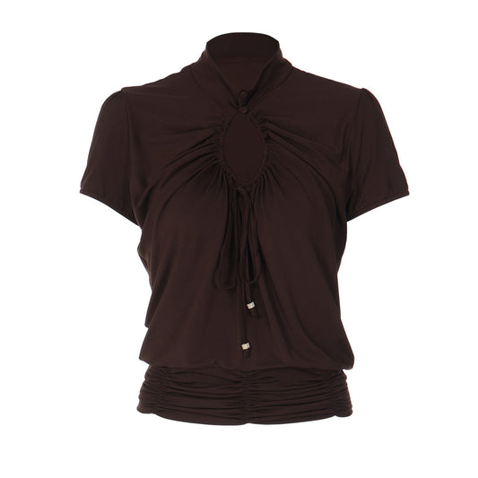 Hollow out ruched short sleeve self tie top  | Festival Outfits Women