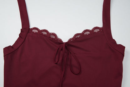 Self tie halter lace hem backless solid top  | Festival Outfits Women