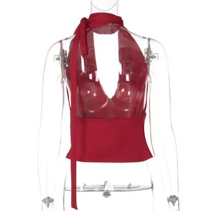 Halter self tie v neck backless solid top  | Festival Outfits Women
