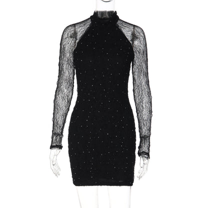 Long sleeve crewneck lace beaded mini dress  | Festival Outfits Women