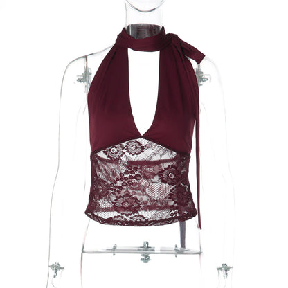 Halter v neck lace self tie backless top  | Festival Outfits Women