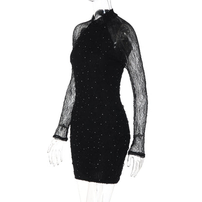 Long sleeve crewneck lace beaded mini dress  | Festival Outfits Women