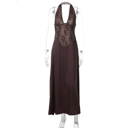 Halter v neck lace backless maxi dress  | Festival Outfits Women