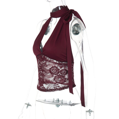 Halter v neck lace self tie backless top  | Festival Outfits Women
