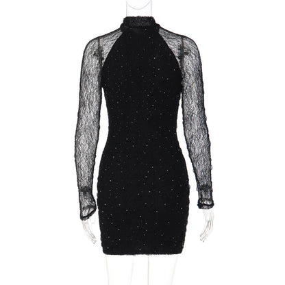Long sleeve crewneck lace beaded mini dress  | Festival Outfits Women