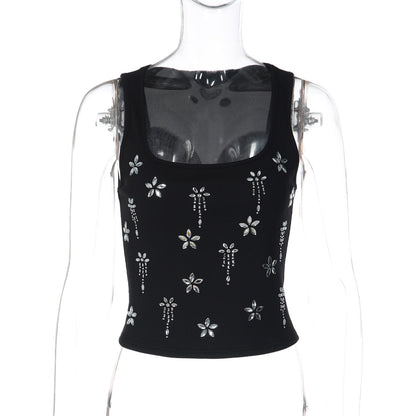Square neck ribbed beaded sleeveless top  | Festival Outfits Women