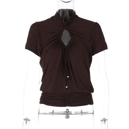 Hollow out ruched short sleeve self tie top  | Festival Outfits Women