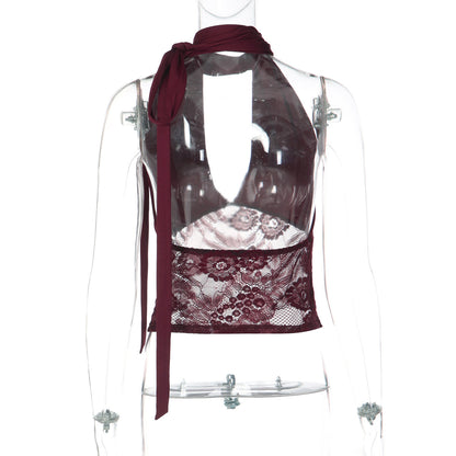 Halter v neck lace self tie backless top  | Festival Outfits Women