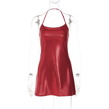 Halter u neck backless plaid print mini dress  | Festival Outfits Women