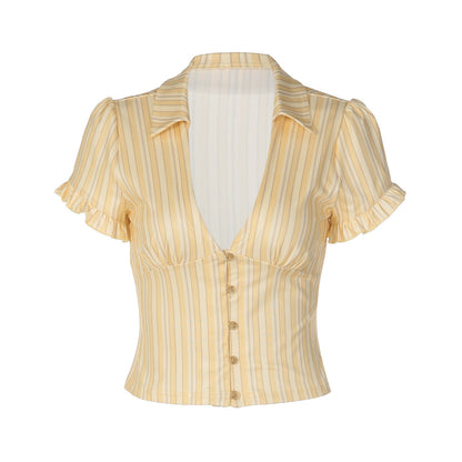 Short sleeve v neck striped button top  | Festival Outfits Women