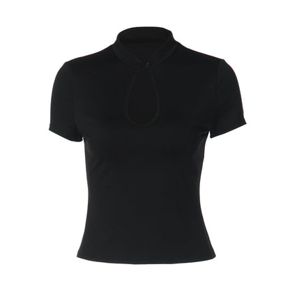 Short sleeve hollow out button solid top  | Festival Outfits Women