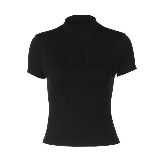 Short sleeve hollow out button solid top  | Festival Outfits Women