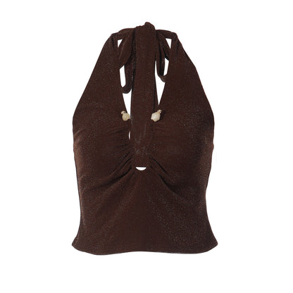 Ruched halter self tie v neck backless top  | Festival Outfits Women
