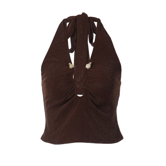 Ruched halter self tie v neck backless top  | Festival Outfits Women