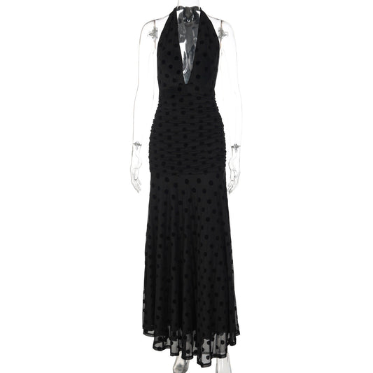 Polka dot deep v neck halter self tie ruched maxi dress  | Festival Outfits Women