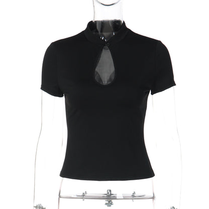 Short sleeve hollow out button solid top  | Festival Outfits Women