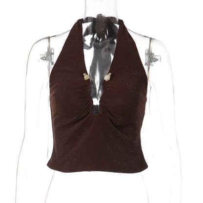 Ruched halter self tie v neck backless top  | Festival Outfits Women