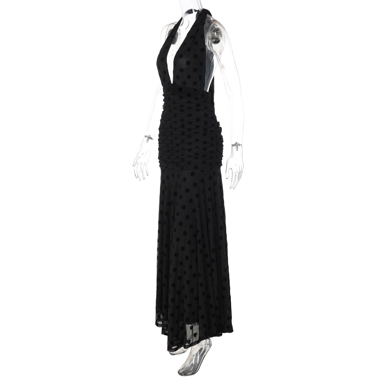 Polka dot deep v neck halter self tie ruched maxi dress  | Festival Outfits Women