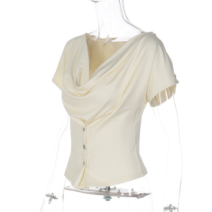 Cowl neck short sleeve button solid top  | Festival Outfits Women