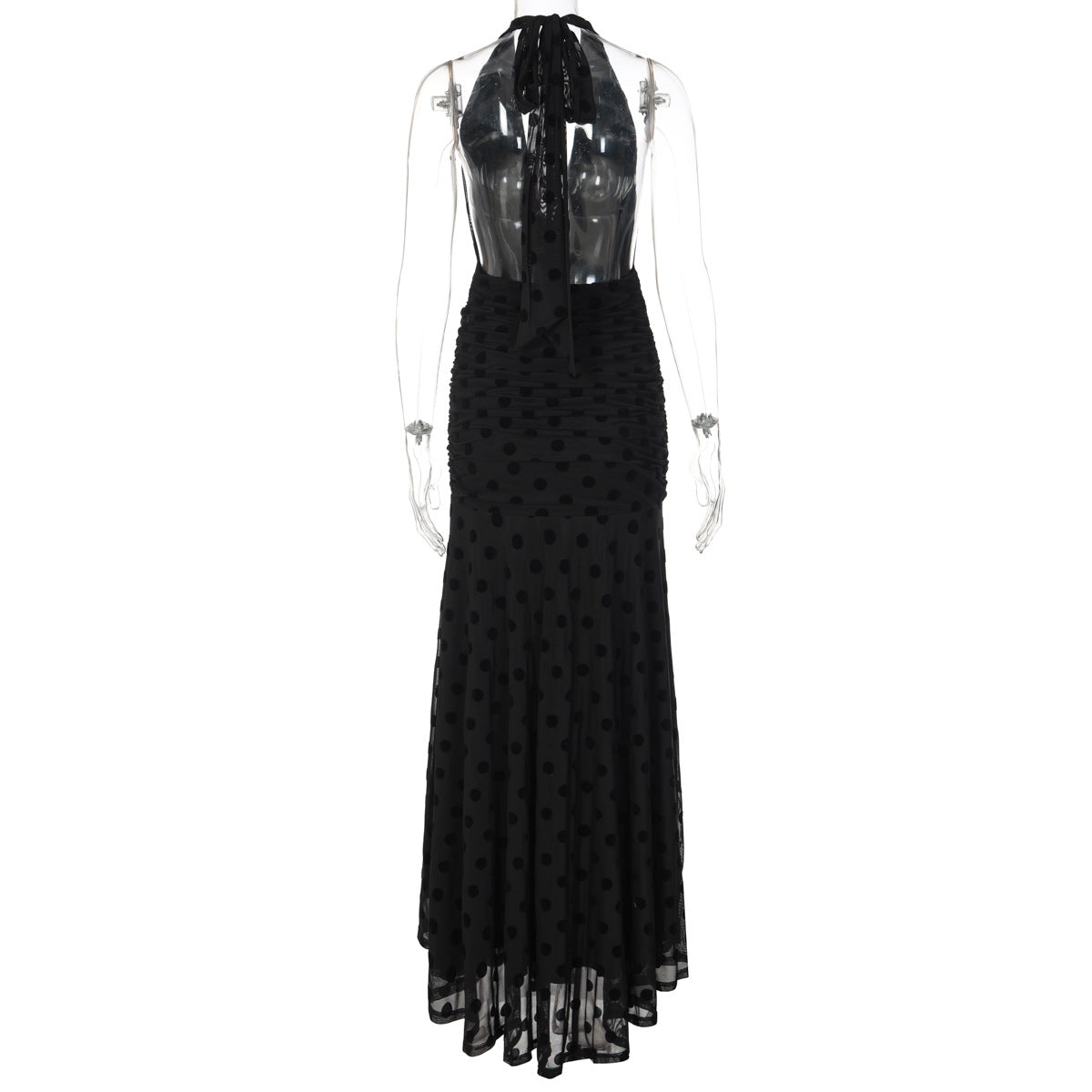 Polka dot deep v neck halter self tie ruched maxi dress  | Festival Outfits Women