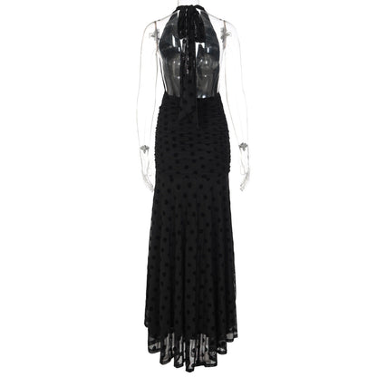 Polka dot deep v neck halter self tie ruched maxi dress  | Festival Outfits Women