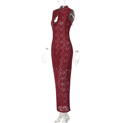 Lace hollow out slit sleeveless zip-up maxi dress  | Festival Outfits Women