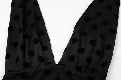 Polka dot deep v neck halter self tie ruched maxi dress  | Festival Outfits Women
