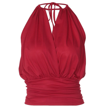Self tie halter ruched v neck backless top  | Festival Outfits Women