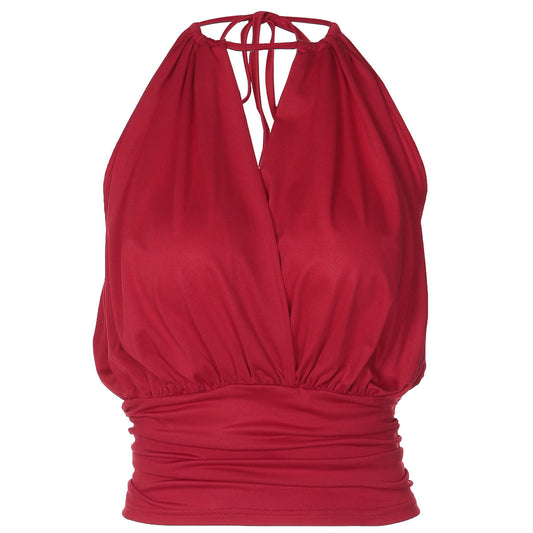 Self tie halter ruched v neck backless top  | Festival Outfits Women