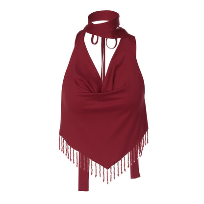 Halter self tie cowl neck tassels backless top  | Festival Outfits Women