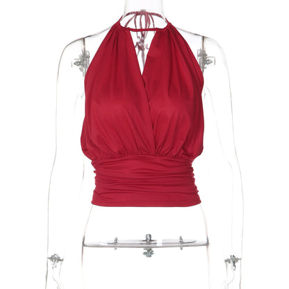 Self tie halter ruched v neck backless top  | Festival Outfits Women