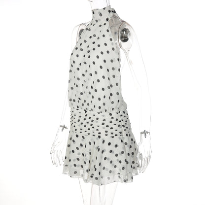 Polka dot halter self tie pleated backless mini dress  | Festival Outfits Women