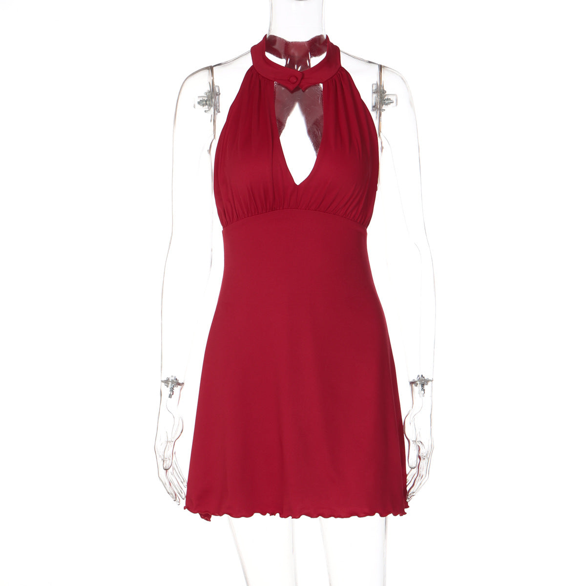 Hollow out ruffle button solid backless mini dress  | Festival Outfits Women