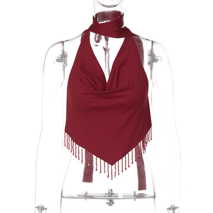 Halter self tie cowl neck tassels backless top  | Festival Outfits Women
