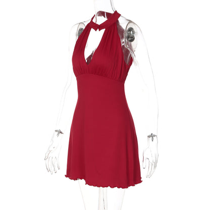 Hollow out ruffle button solid backless mini dress  | Festival Outfits Women