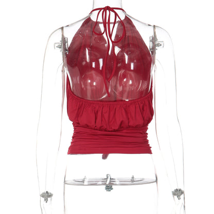 Self tie halter ruched v neck backless top  | Festival Outfits Women