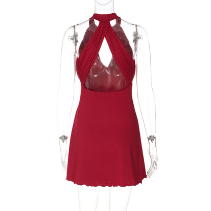 Hollow out ruffle button solid backless mini dress  | Festival Outfits Women