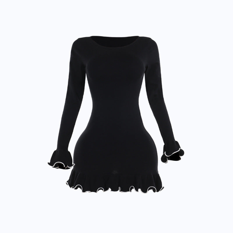 Long flared sleeve ruffle round neck mini dress  | Festival Outfits Women