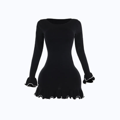Long flared sleeve ruffle round neck mini dress  | Festival Outfits Women