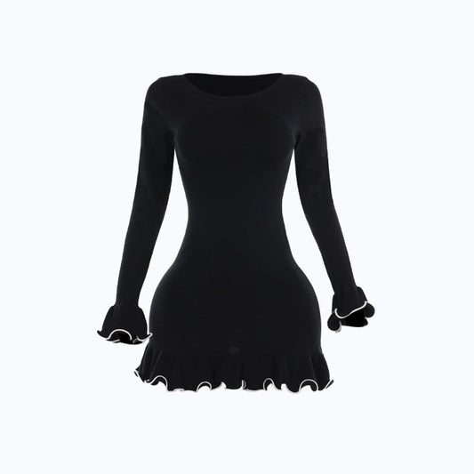 Long flared sleeve ruffle round neck mini dress  | Festival Outfits Women