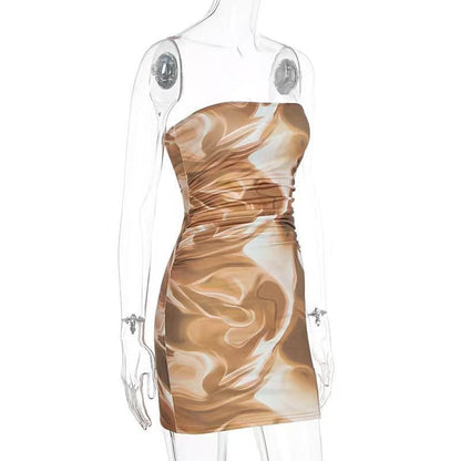 Ruched print contrast backless tube mini dress  | Festival Outfits Women