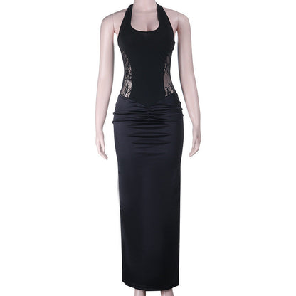 Ruched u neck self tie halter lace maxi dress  | Festival Outfits Women