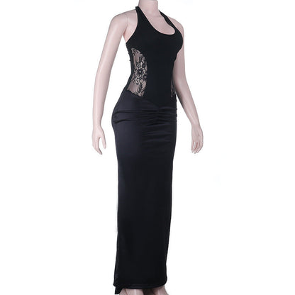 Ruched u neck self tie halter lace maxi dress  | Festival Outfits Women