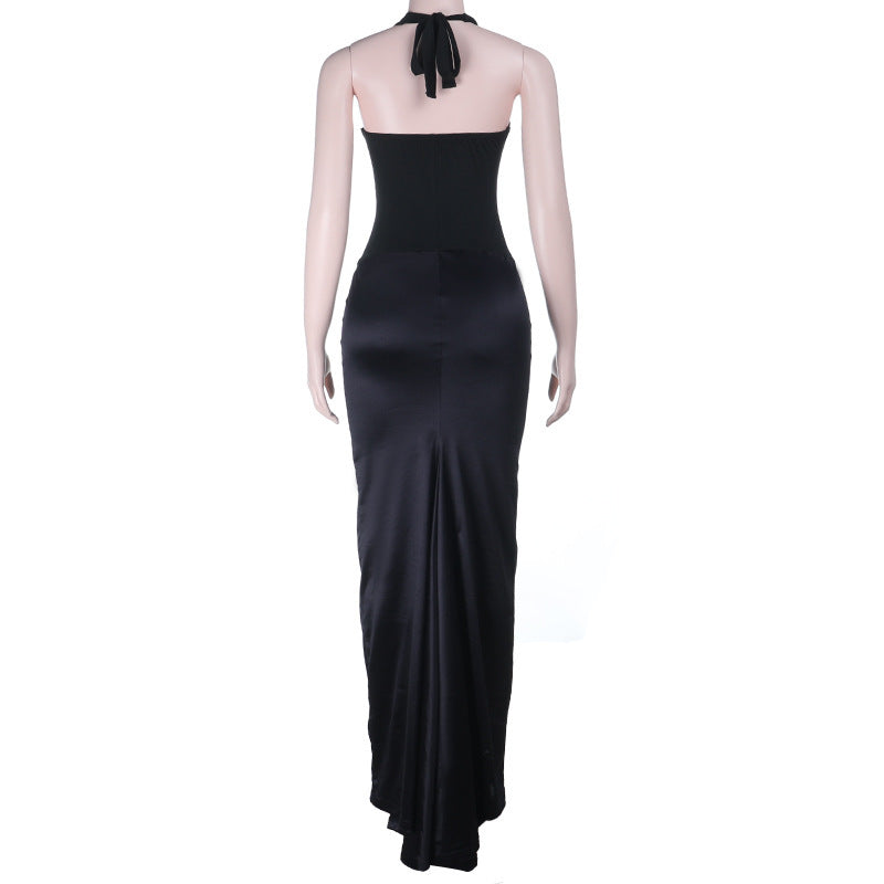 Ruched u neck self tie halter lace maxi dress  | Festival Outfits Women