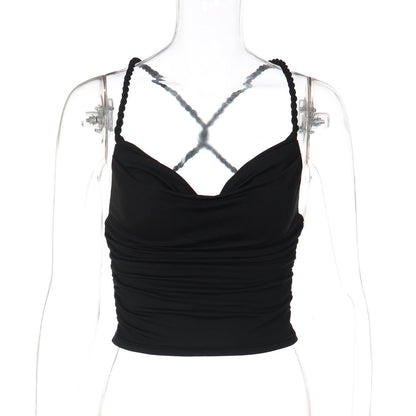 Cross back ruched cowl neck solid cami top  | Festival Outfits Women