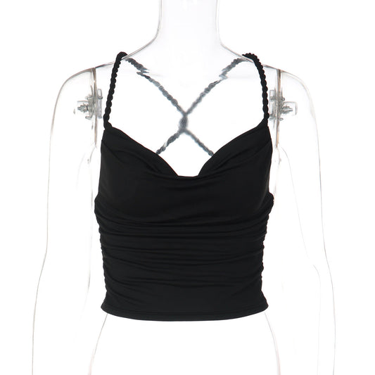 Cross back ruched cowl neck solid cami top  | Festival Outfits Women