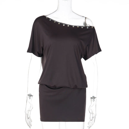 Short sleeve irregular button applique mini dress  | Festival Outfits Women