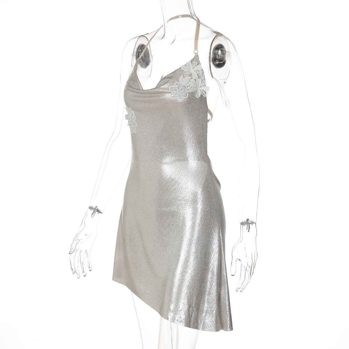 Irregular cowl neck embroidery halter mini dress  | Festival Outfits Women